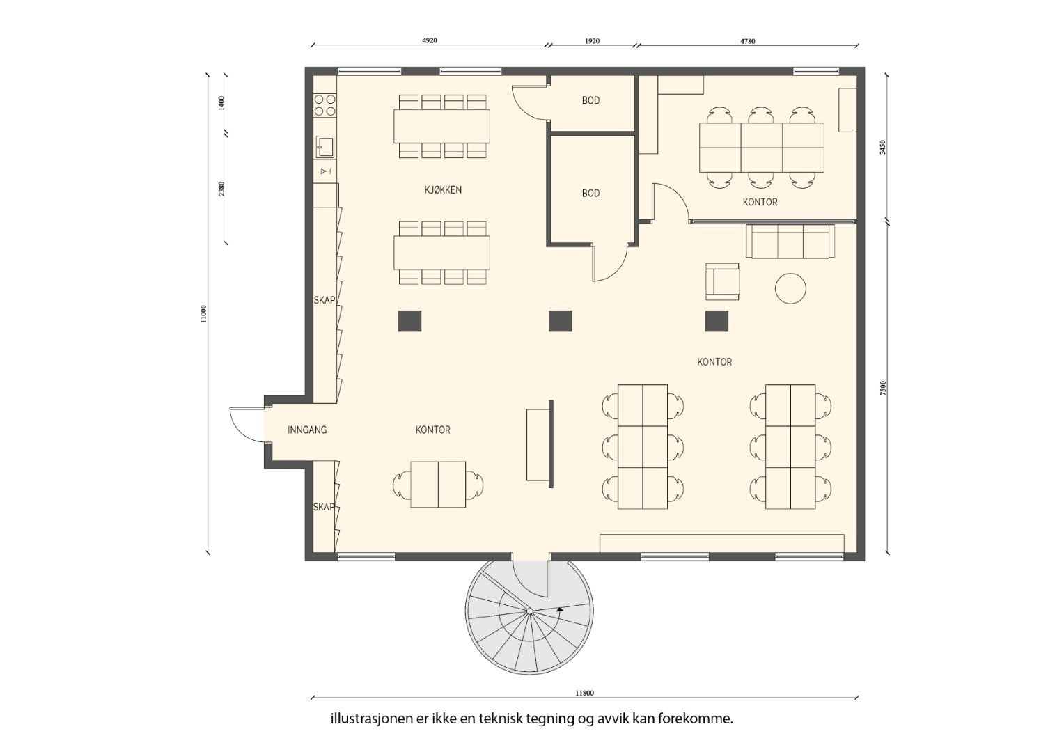 Kontoret består av et stort og fint åpent landskap, moderne åpent kjøkken, møterom, stillerom og bod Galleribilde