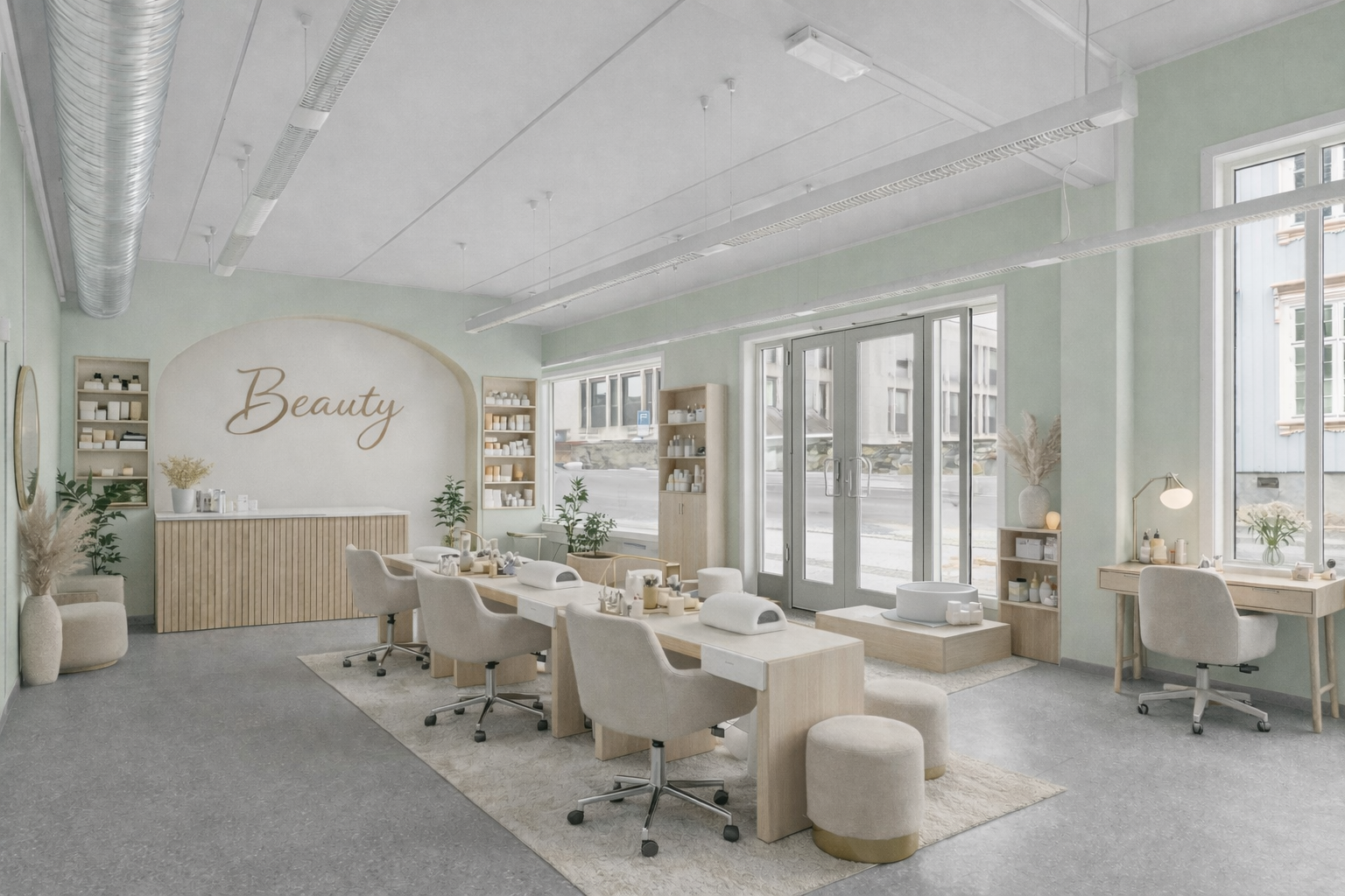 Illustrasjon av skandinavisk skjønnhetssalong med naturlig lys Galleribilde