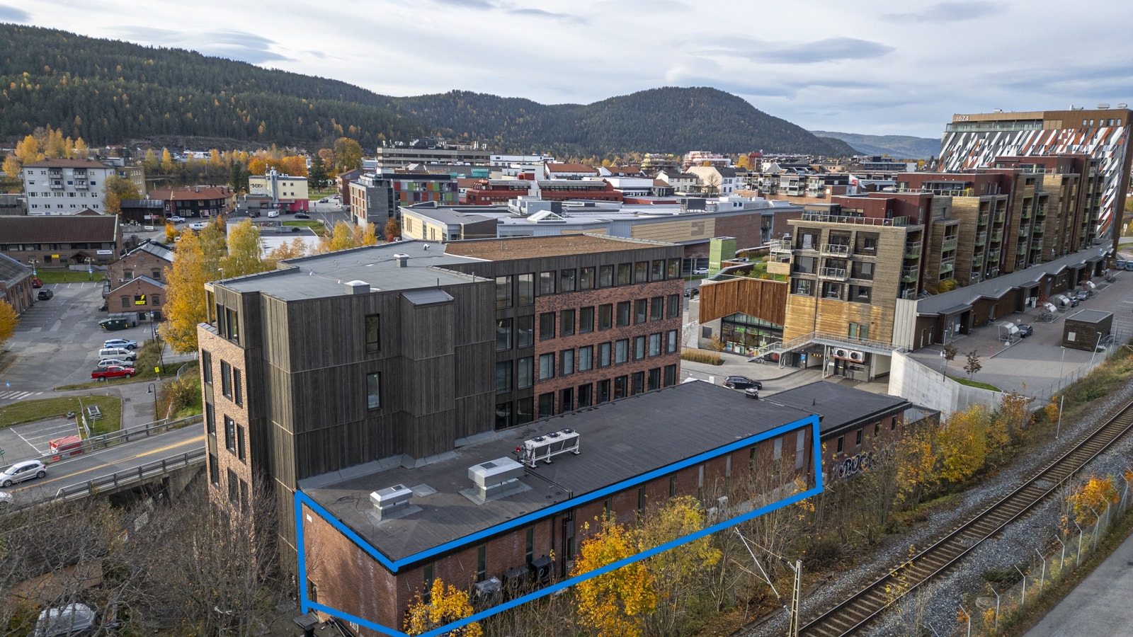 Bygget som er til leie er markert i blått Galleribilde