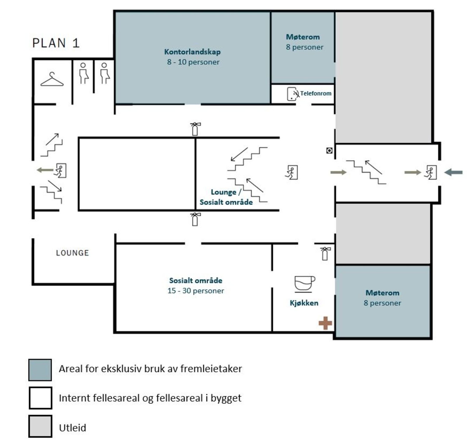 Planskisse av 1. etasje med angivelse av areal for fremleie. Galleribilde