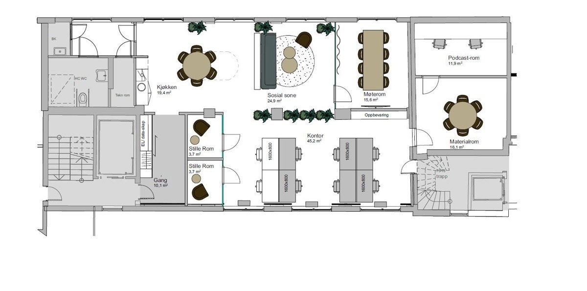 Lokalet er et rålokale som er klar for innredning etter leietakers behov. Her er innredningsforslag 1 på hvordan det kan se ut. Galleribilde