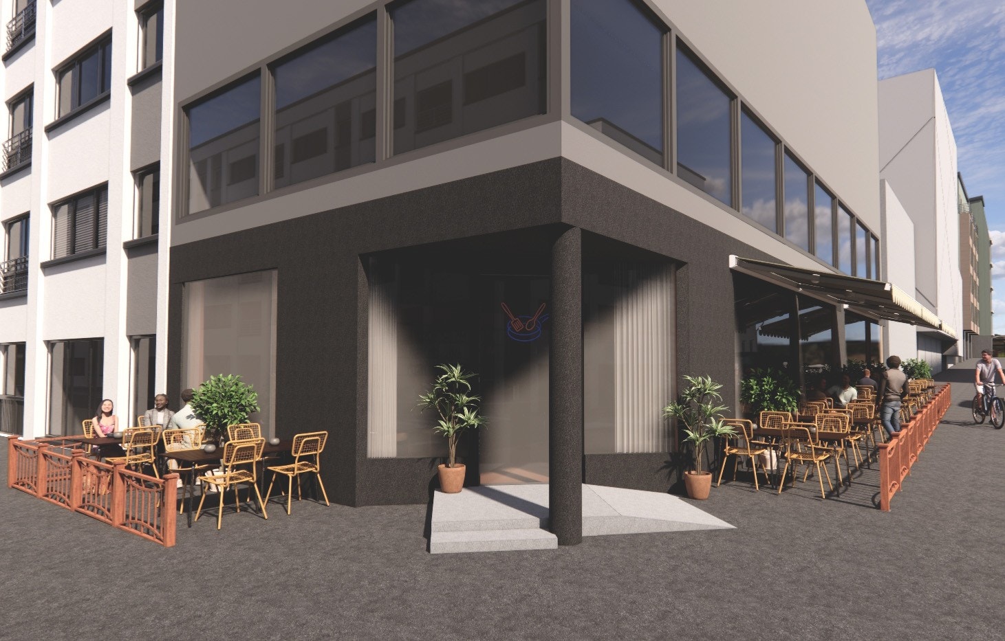 Velkommen til Maridalsveien 154! illustrasjon av fasade og uteservering Galleribilde