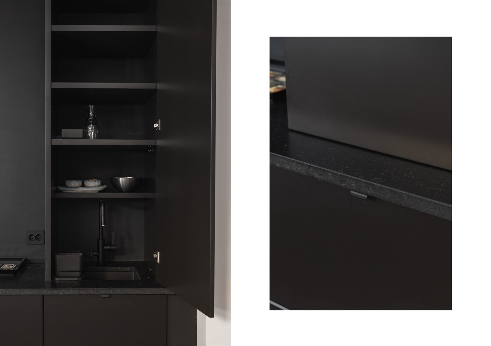 Benkeplate av stein med nedfelt oppvaskkum av kompositt, skjult bak skap i innredningen for et sømløst uttrykk. Kjøleskap og oppvaskmaskin er integrert i innredningen. Galleribilde