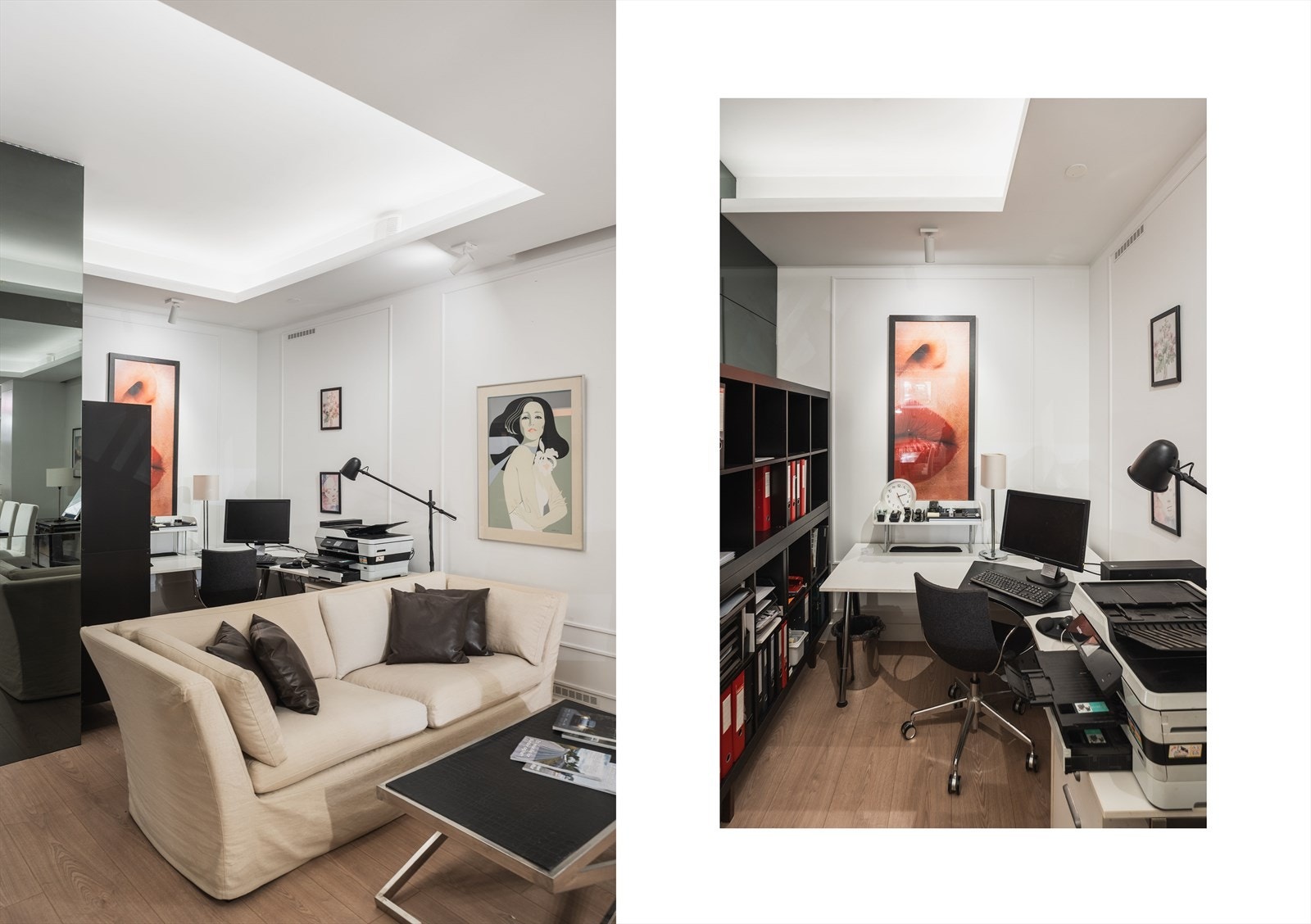 Arbeidsstasjon med hyllesystem innerst i lokalet. Galleribilde