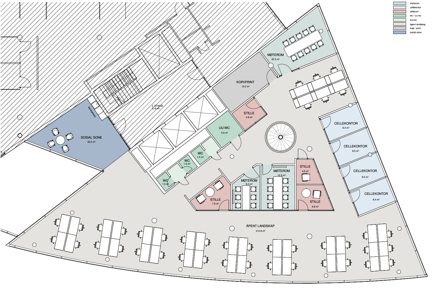 Møbleringsplan 2. etasje - ca 650 kvm BTA - 45 ansatte Galleribilde