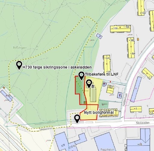Det er utarbeidet et forslag til planendring der formålet endres fra tjenesteyting til bolig, i tillegg til at det gjøres et arealbytte på ca. 700 m2, slik at utomhusareal med kulturminner omgjøres til LNF formål og parkeringsplassen får boligformål. Galleribilde
