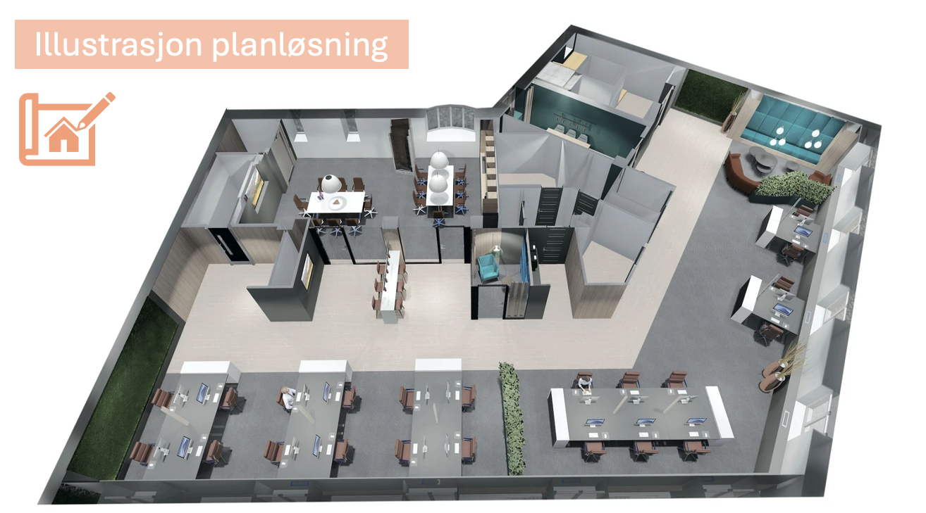 Vi har 400 m2 klart for tilpasning til ny leietaker. Her er et eksempel på tenkt planløsning. Galleribilde