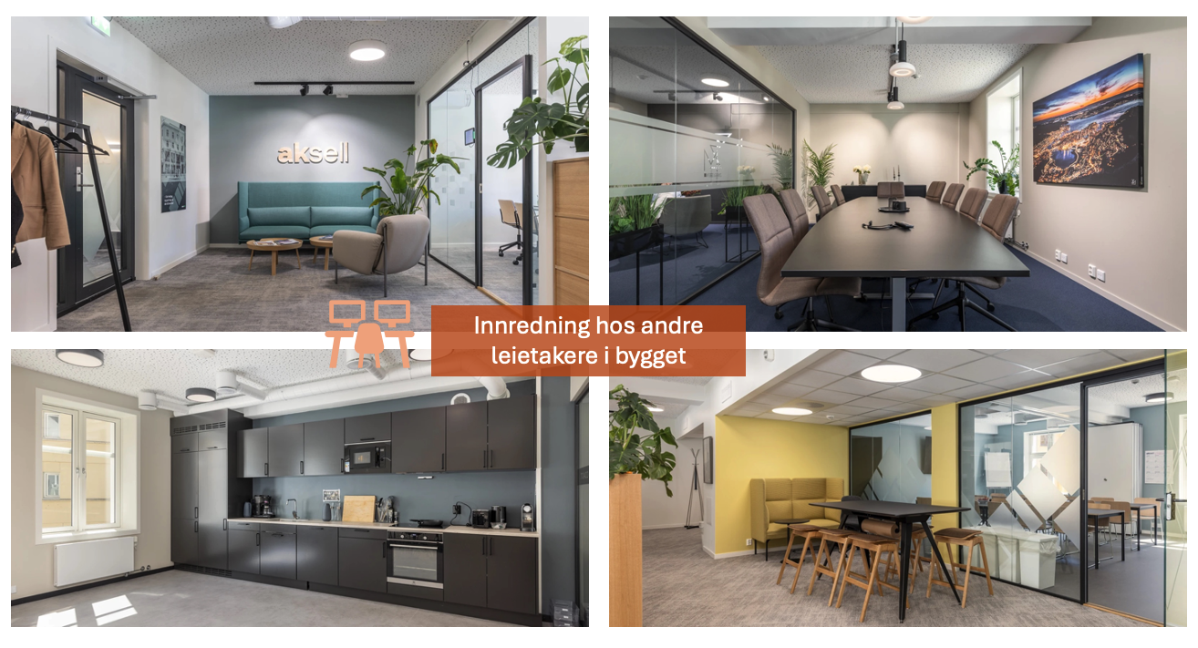 Vi har 400 m2 klart for tilpasning til ny leietaker. Her er eksempler fra andre leietakere i bygget. Galleribilde