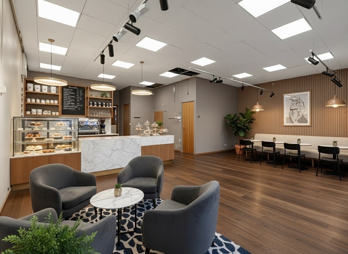 Rommet er digitalt stylet for å å illustrere annen bruk og ved deling av lokalet. Dette viser innerst i lokalet. Galleribilde