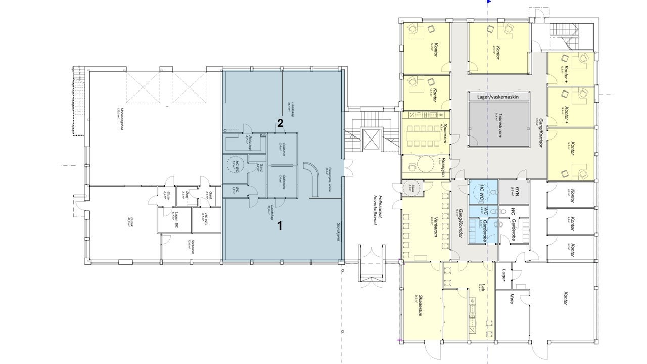 Oversikt 1 etasje. Ledige lokaler. Lokalene blått kan leies i sin helhet eller deles i 2 som vist på plantegning. Galleribilde