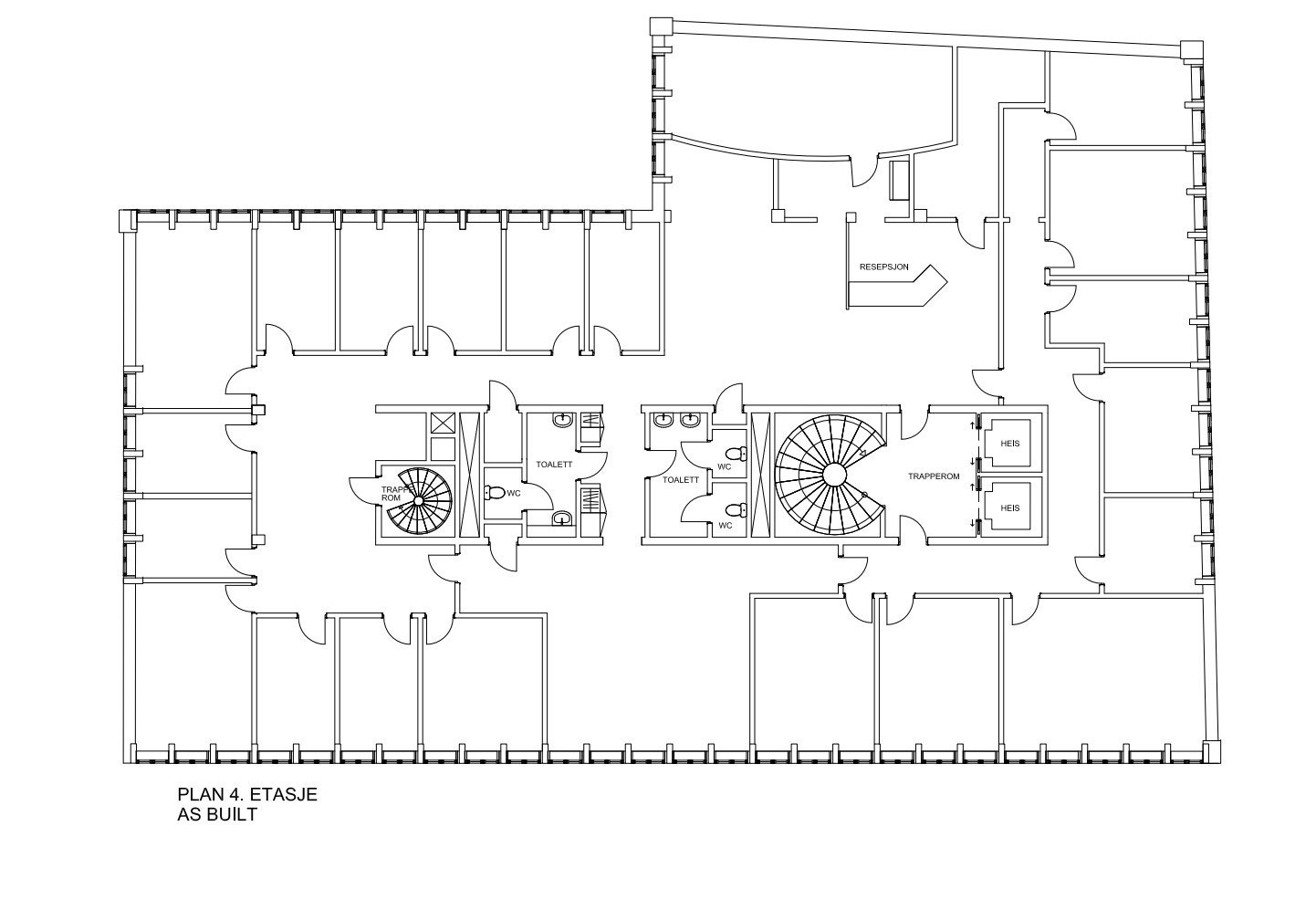 Plantegning "as is" i dag. Hovedsakelig løsning basert på cellekontorer med eget lunsjrom/kjøkken, resepsjonsområde og møterom. Galleribilde