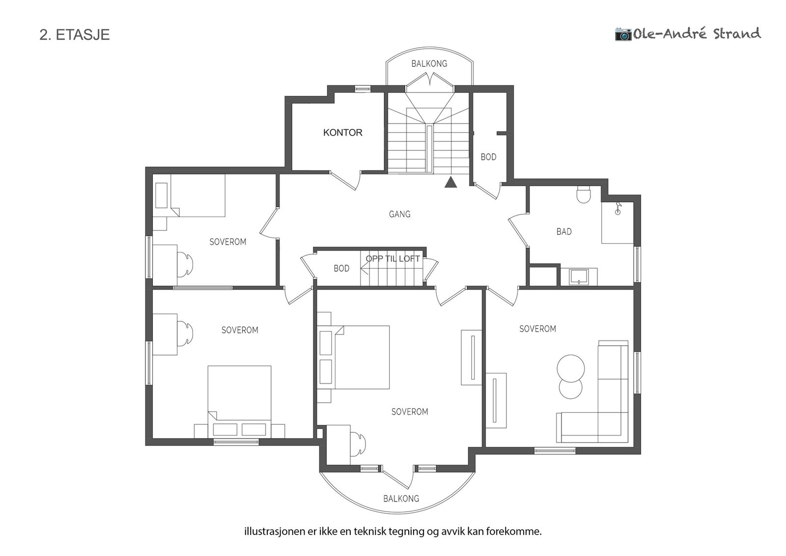 2. etasje har et målbart areal på 116 m². Takhøyde varierer, de største rommene har takhøyde opp til 2.79 m. Galleribilde