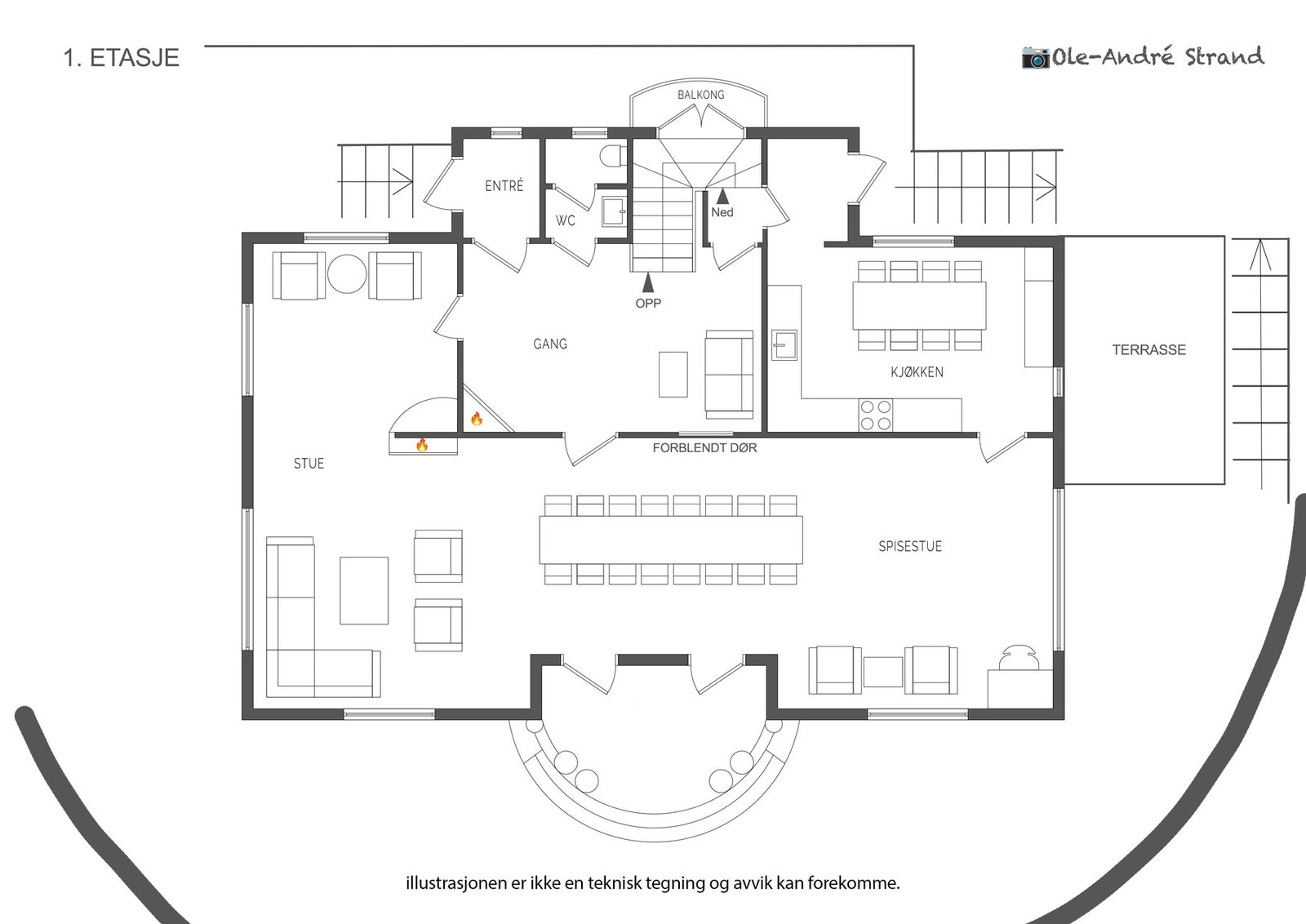 1. etasje har et areal på 134 m². Takhøyden er i hovedsak på 3.01 m. (kjøkkenet har takhøyde på 2.72 m.) Galleribilde