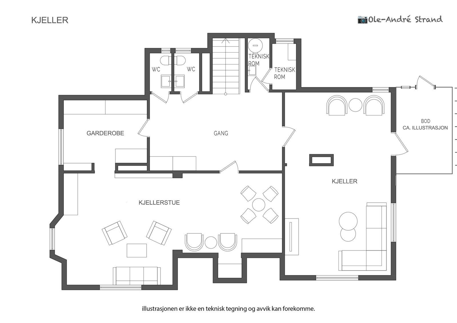 Underetasjen har et areal på 126 m². Takhøyden er i hovedsak mellom 2.48 m og 2.55. Galleribilde