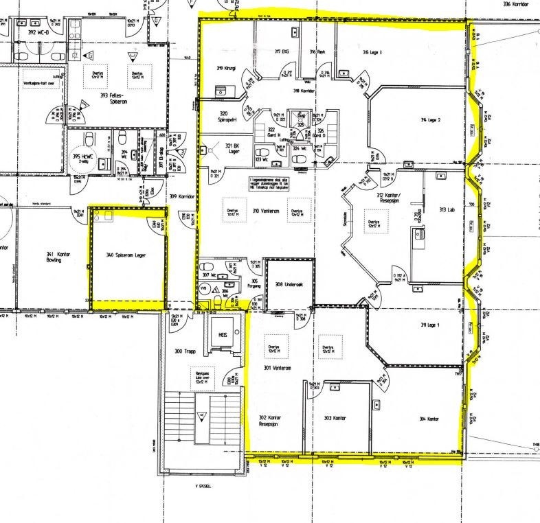 Opprinnelig tegning - seksjoner er tegnet inn i gult. Galleribilde