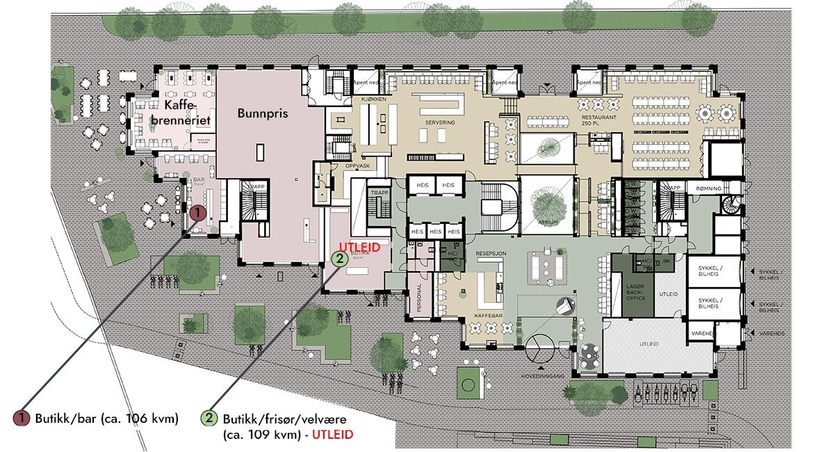 Illustrasjonsplan som viser det ledig lokalet for butikk/bar på 106 kvm BTA i Veksthuset Galleribilde