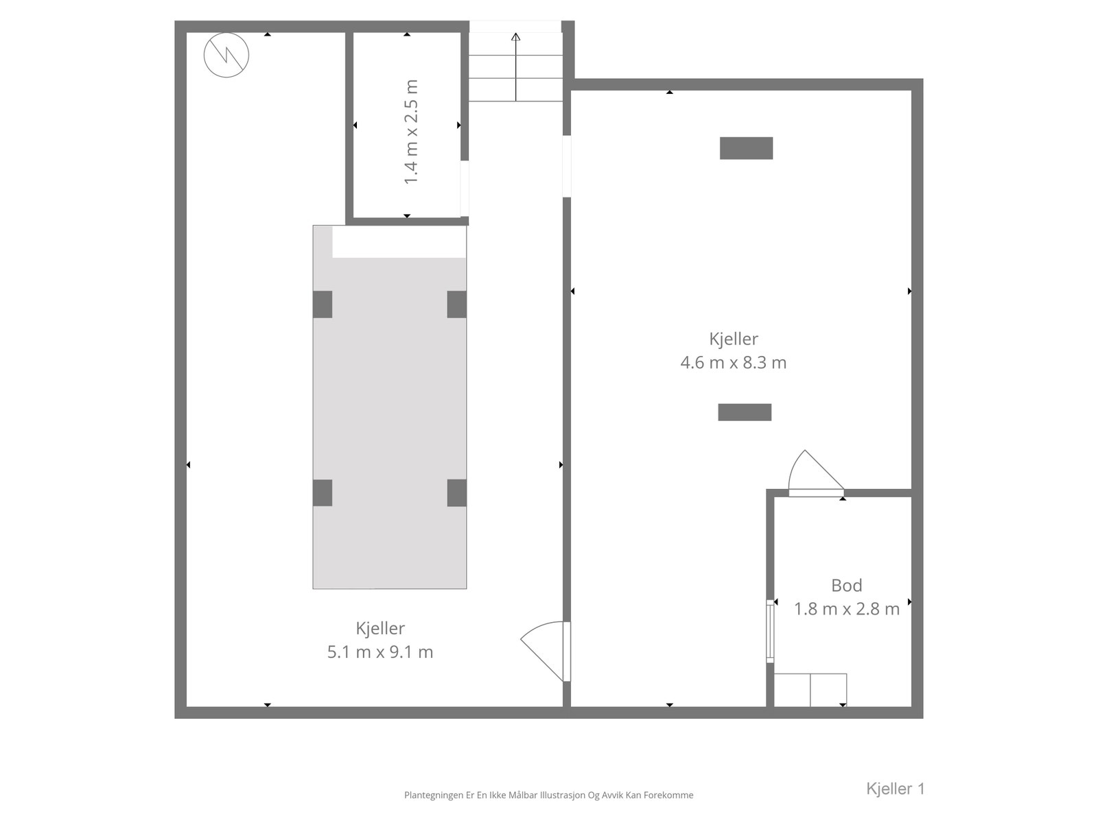 Kjellar. Teikninga er ei illustrasjon. Meklar/seljar tek ikkje ansvar for eventuelle avvik i høve til oppgitt areal eller innreiing. Galleribilde
