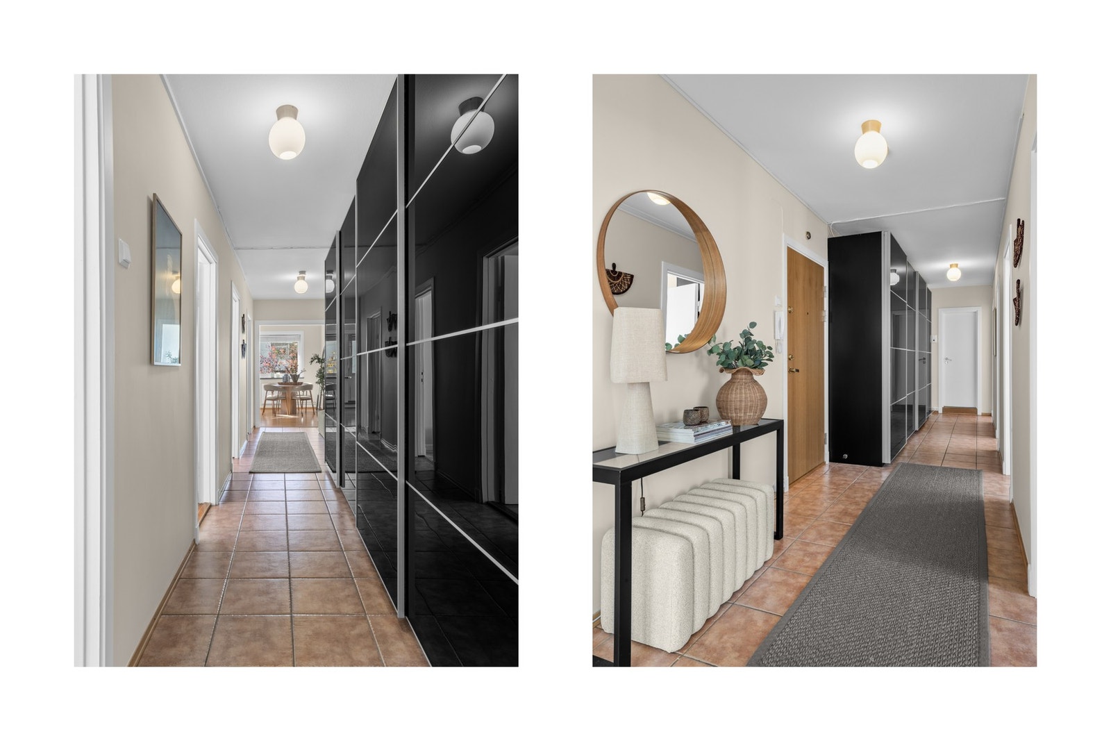 Inne blir du møtt av en lys entré som gir et godt førsteinntrykk, her er det godt med oppbevaring i stor skyvedørsgarderobe. Galleribilde