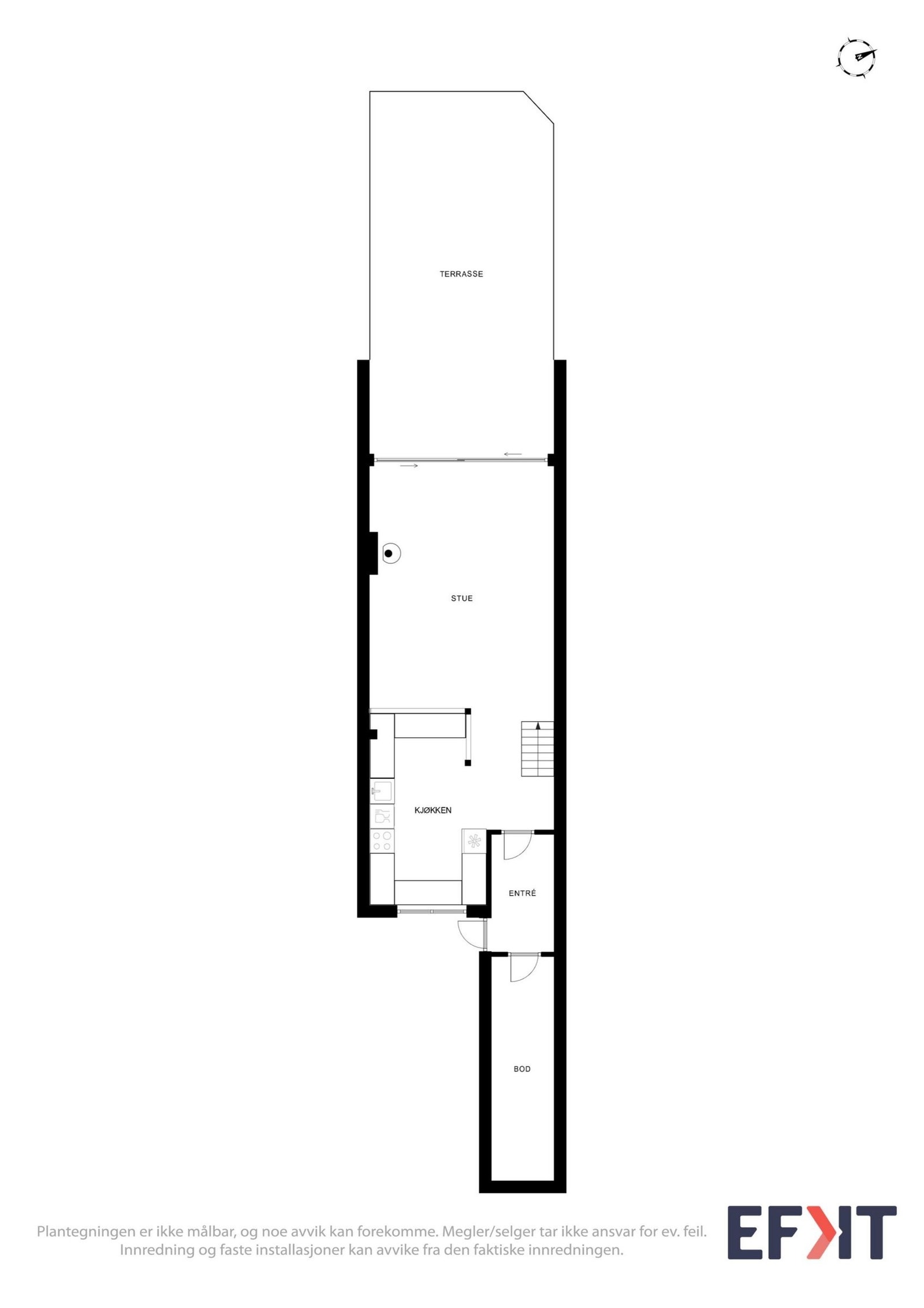 Planskisse 1. etasje. Boden til høyre for inngangsdøra, er ca. 9 m2. Galleribilde
