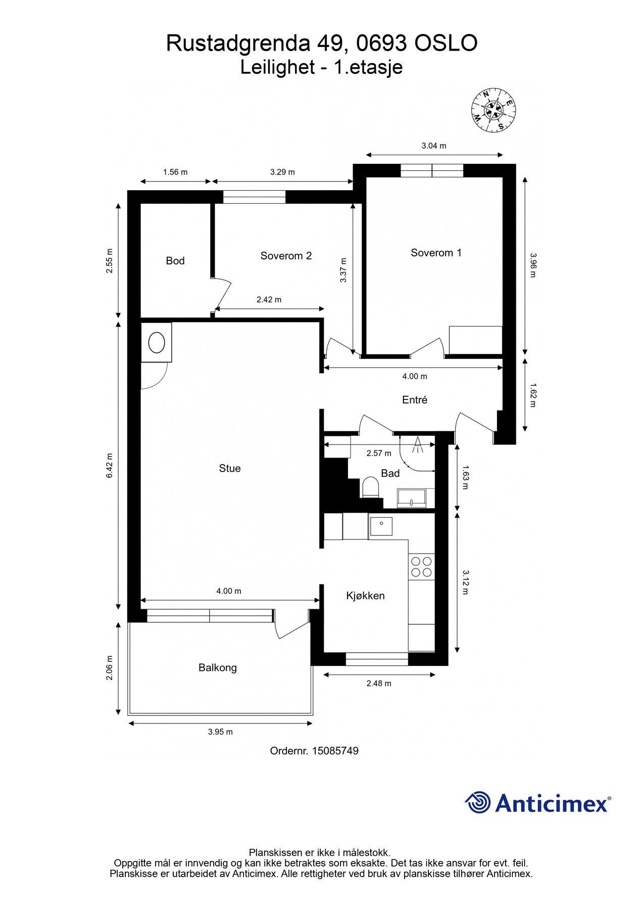Vi starter med planskissen, slik at du får orientert deg. Leiligheten har entré, stue, kjøkken med åpen løsning, to soverom, bad og innvendig bod. Galleribilde