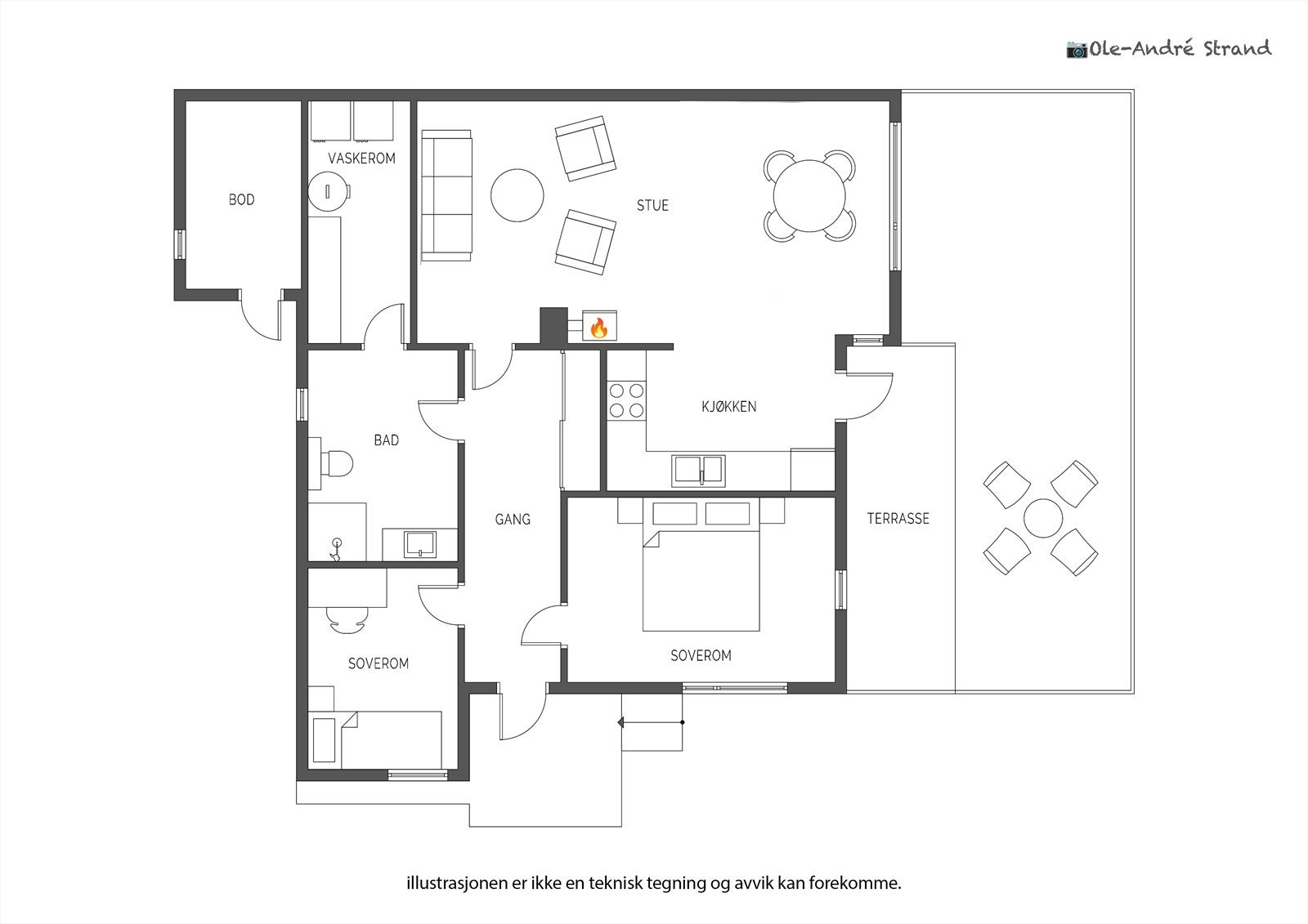 Leiligheten ligger i byggets 1.etasje og inneholder følgende: Entré/gang, stue, kjøkken, 2 soverom, baderom og teknisk rom/vaskerom + bod med ekstern adkomst. Galleribilde