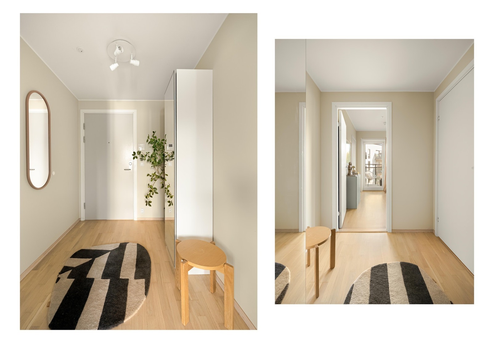 Gangen gir et godt førsteinntrykk av leiligheten. Den er romslig og har god plass til plassering av sko og oppheng av jakker. Garderobeskapet medfølger. Galleribilde