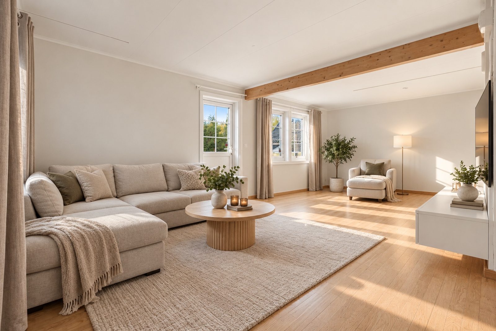 Stuen har plass til flere sittegrupper og byr på en sosial og fleksibel planløsning. Dette bildet er ryddet og redigert med Ai Galleribilde