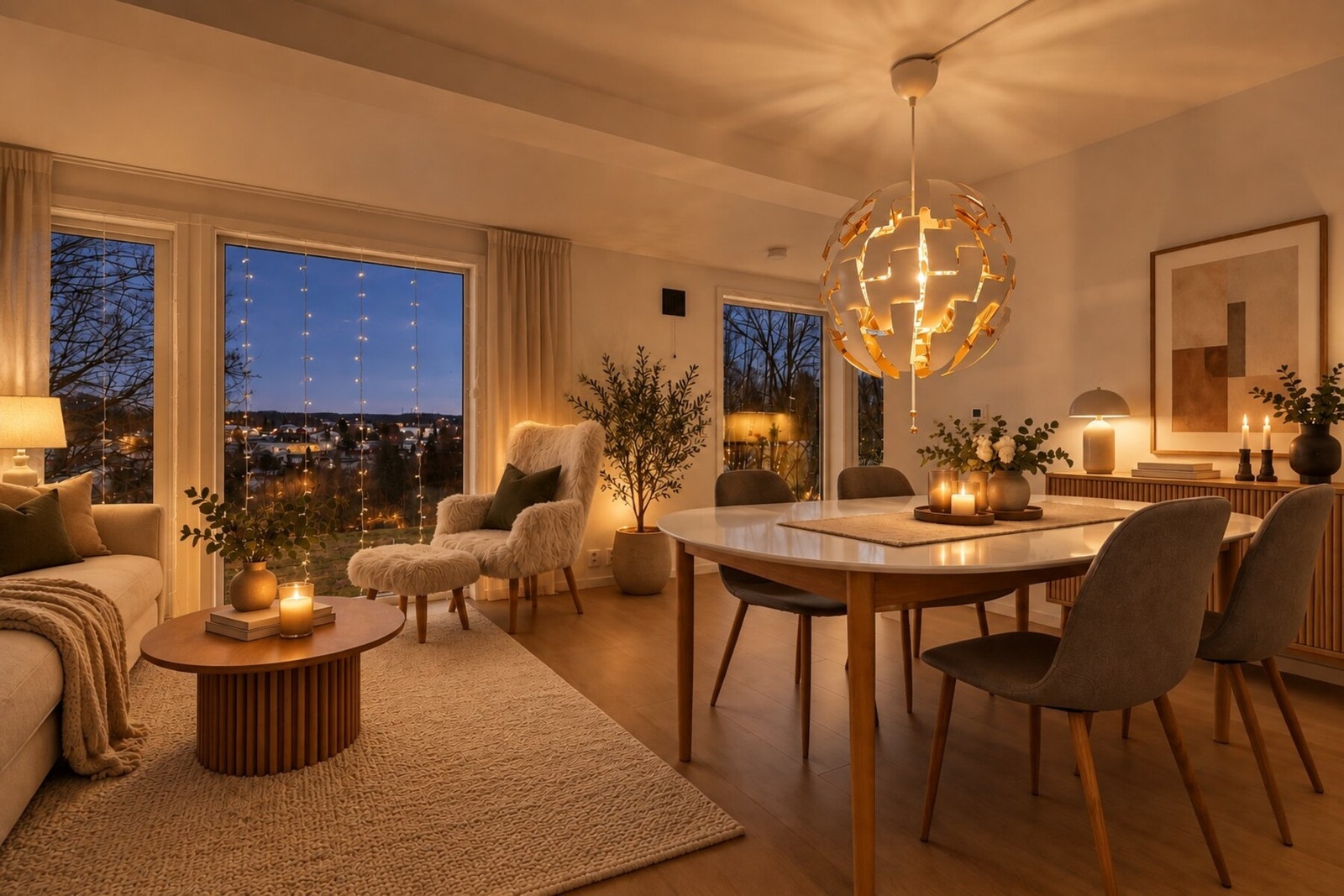 Bildet er AI-redigert for å illustrere møblering og kveldsstemning. Avvik fra faktiske forhold kan forekomme. Galleribilde