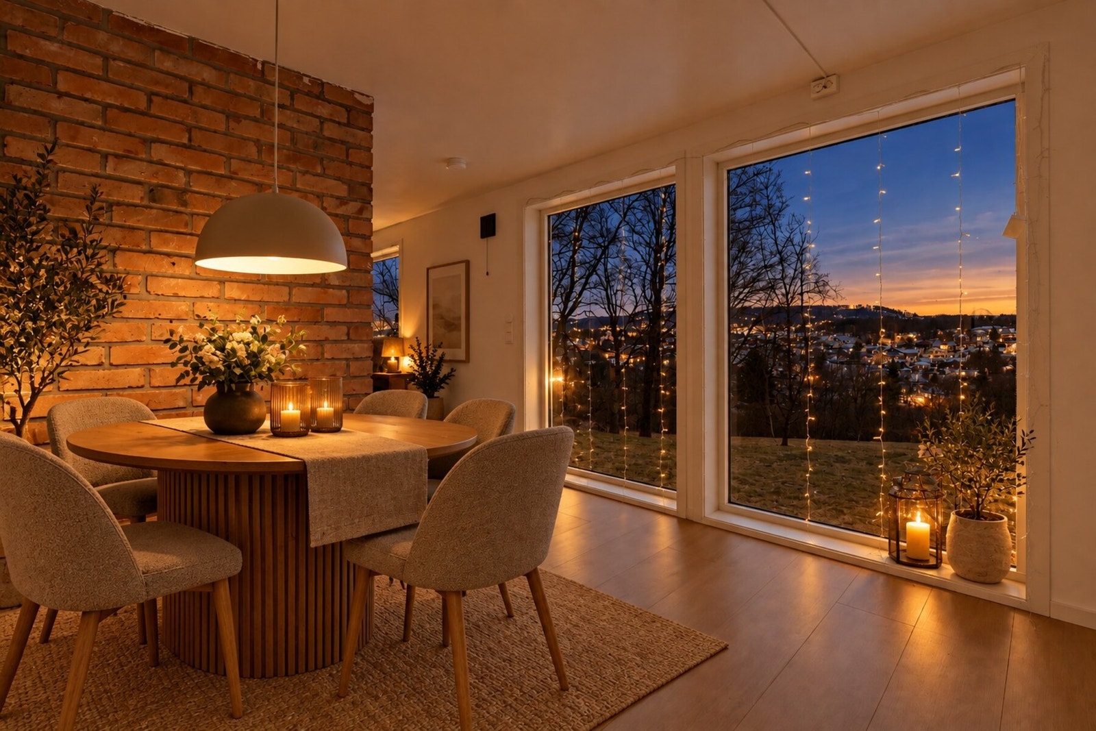 Bildet er AI-redigert for å illustrere møblering og kveldsstemning. Avvik fra faktiske forhold kan forekomme. Galleribilde