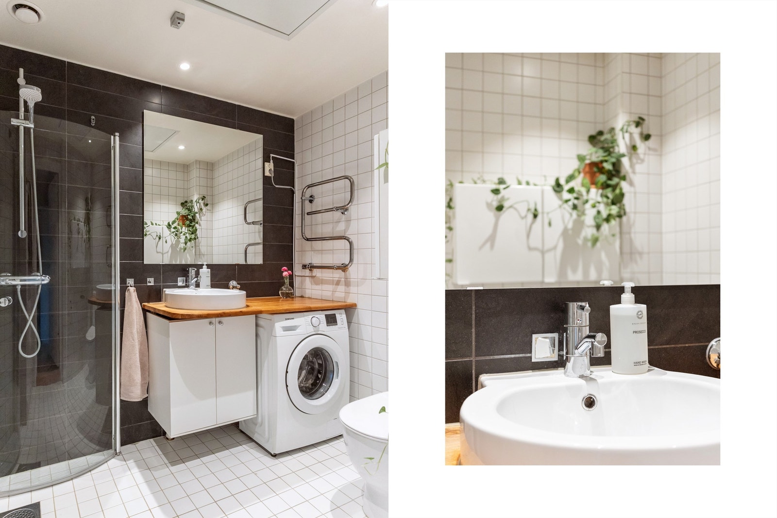 Badet er flislagt og har elektrisk gulvvarme, servant på en lekker heltre benkeplate og dusjhjørne med svingbare glassdører. Det er opplegg for vaskemaskin, og vaskemaskinen følger med. Dimbare downlights fra 2025 lar deg skape den stemningen du ønsker. Galleribilde