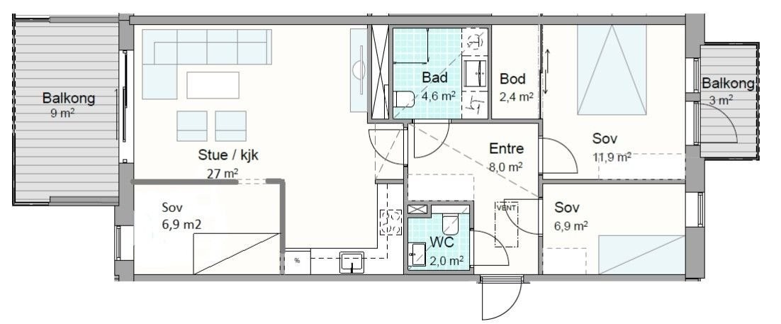 Plantegning med illustrert tegning med vegg som viser soverom 3 Galleribilde