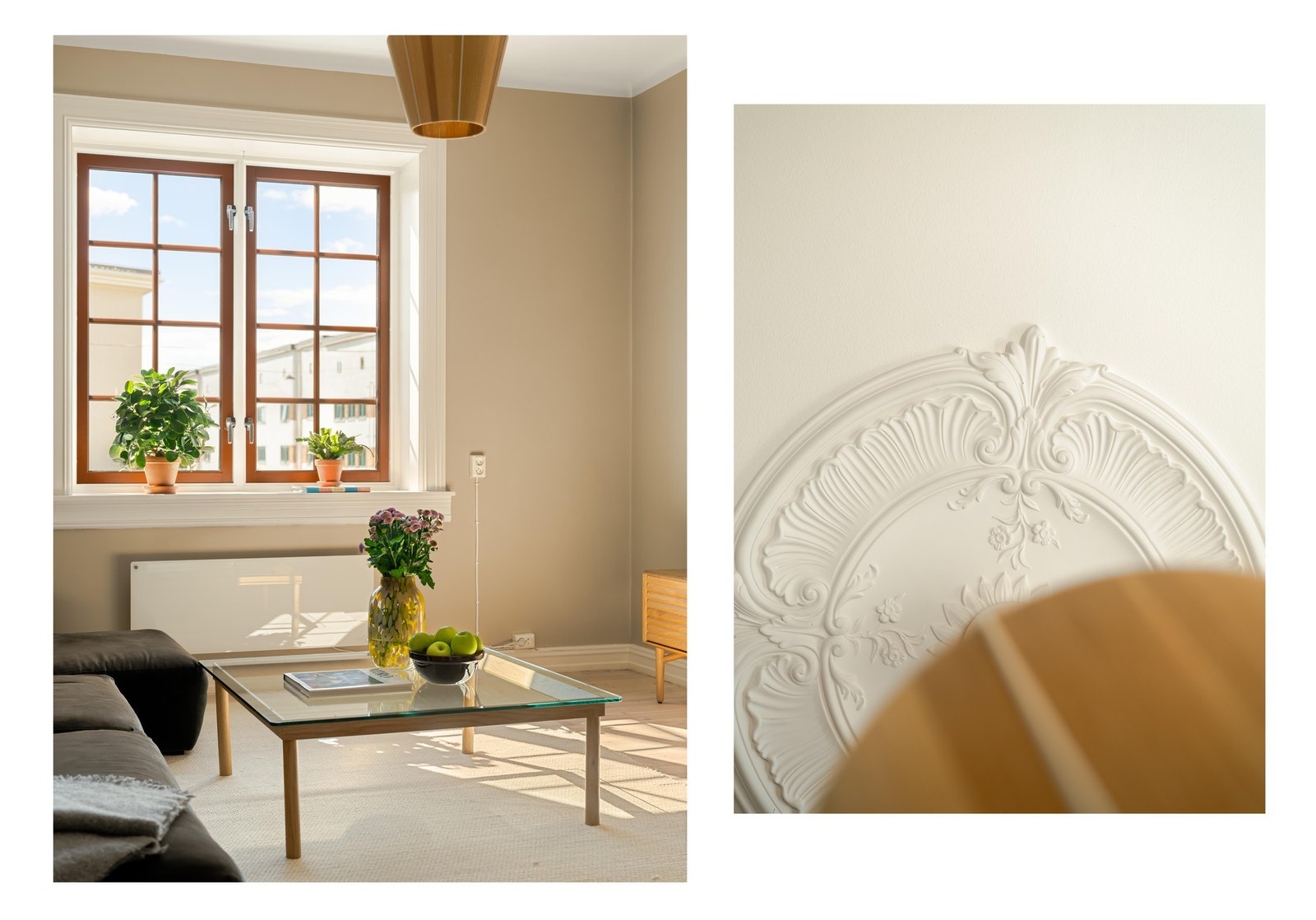 De store vindusflatene slipper inn herlig dagslys. Rosett i taket er det òg. Galleribilde
