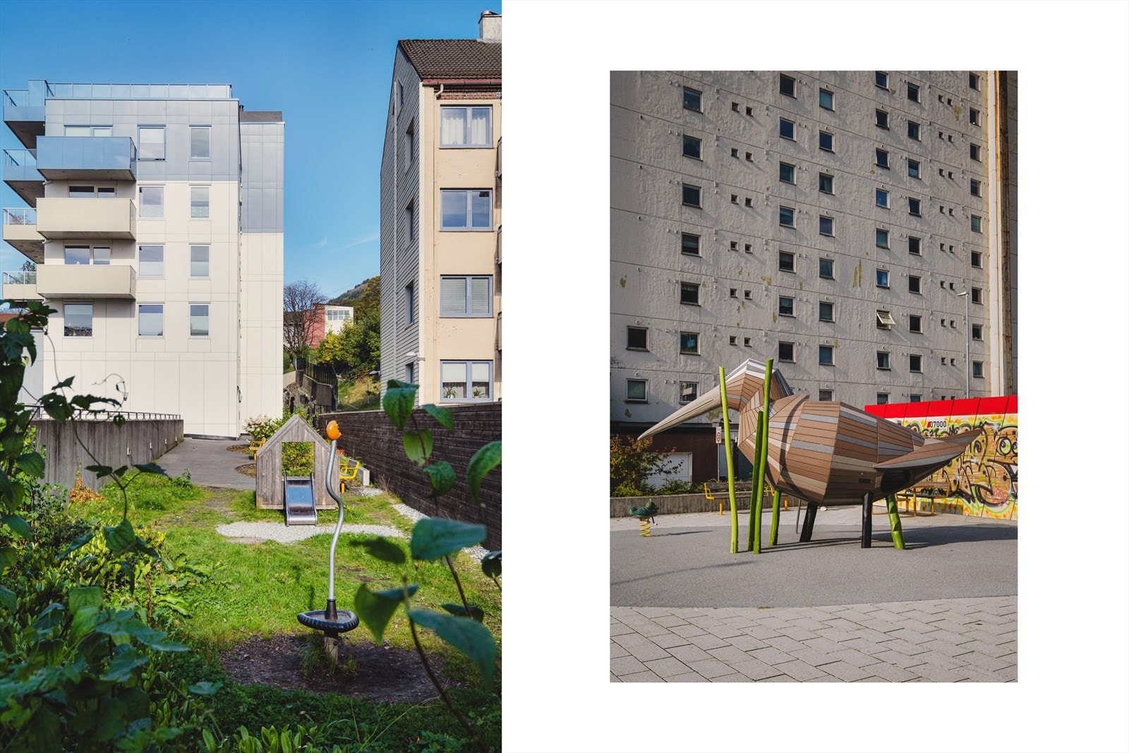 Mellom byggene er det opparbeidet uteområder med grønne soner og liten lekeplass, som skaper et trivelig bomiljø. Galleribilde