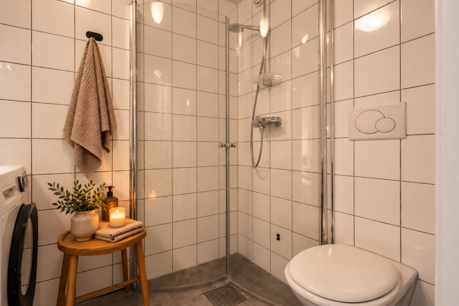 - Badet har dusj med foldedører og vegghengt wc - Galleribilde