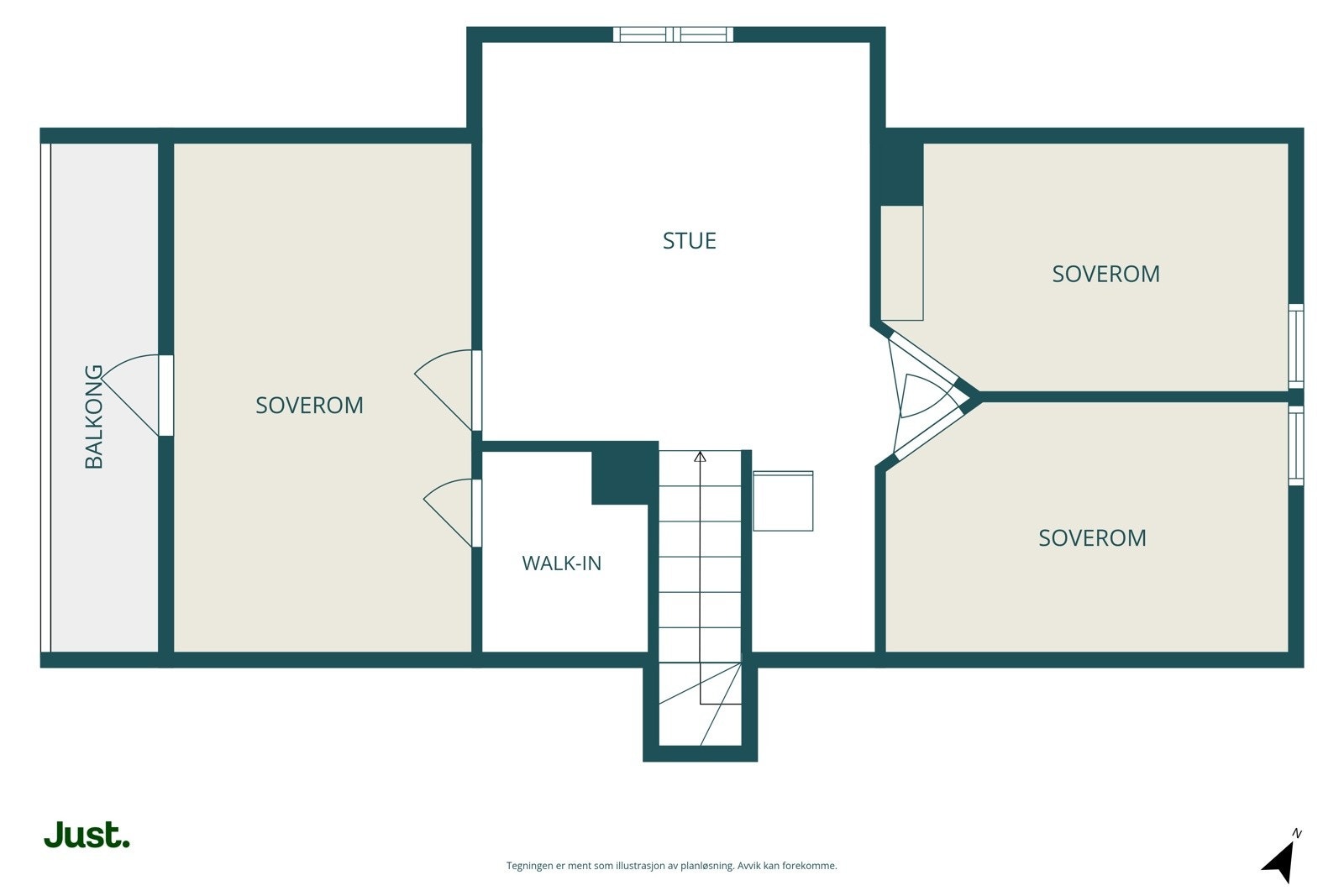 Plantegninger av loft. Det er avvik da rommene disponeres idag som soverrom og stue, men er på opprinnelige tegninger godkjent som disponibelt rom.