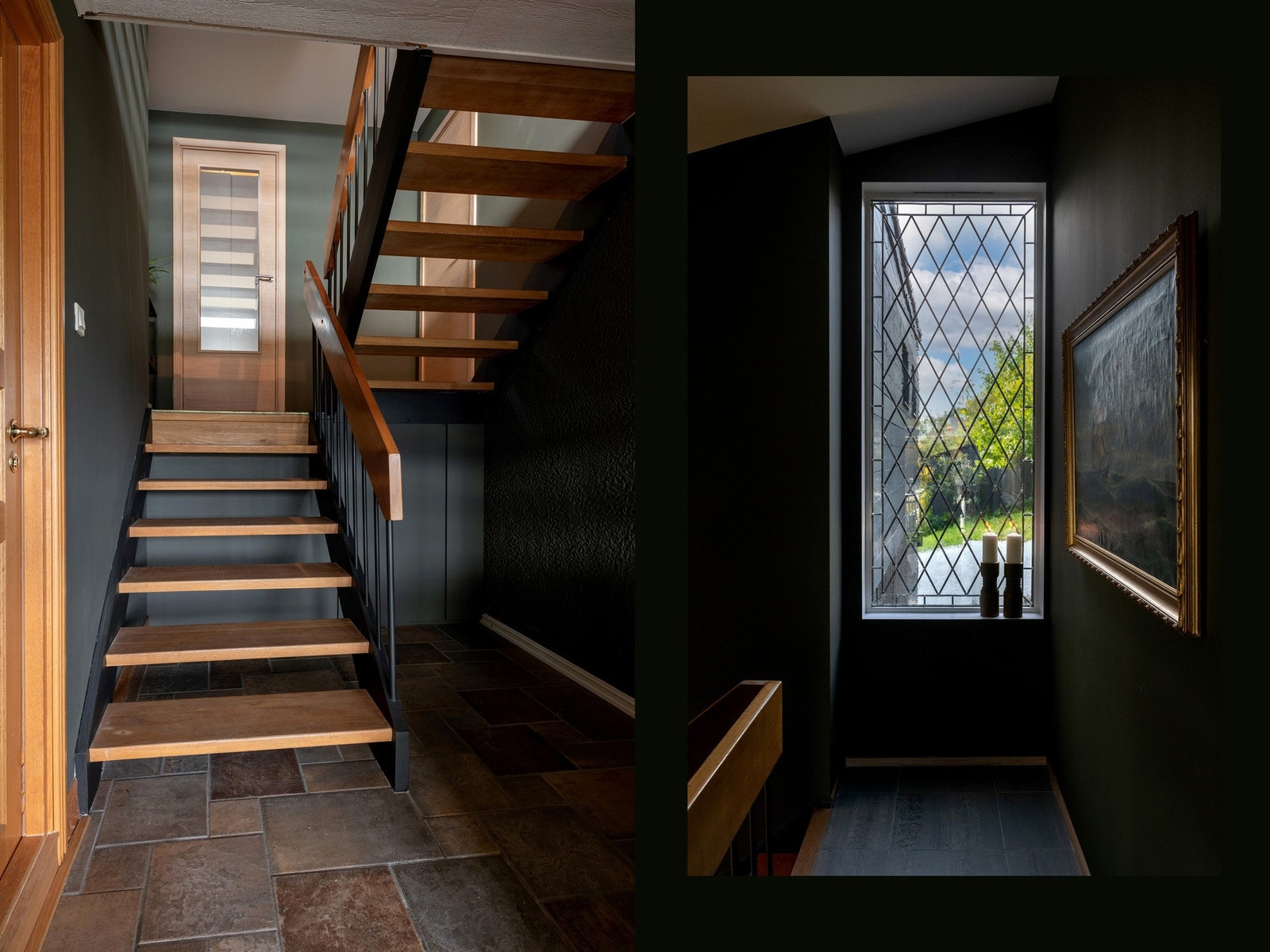 Trappen gjennom boligen har eiketrinn. I hall er det opprinnelige blyglassvindu i klart glass behold. Det er lagt utenpåliggende vindu fra innsiden. Galleribilde