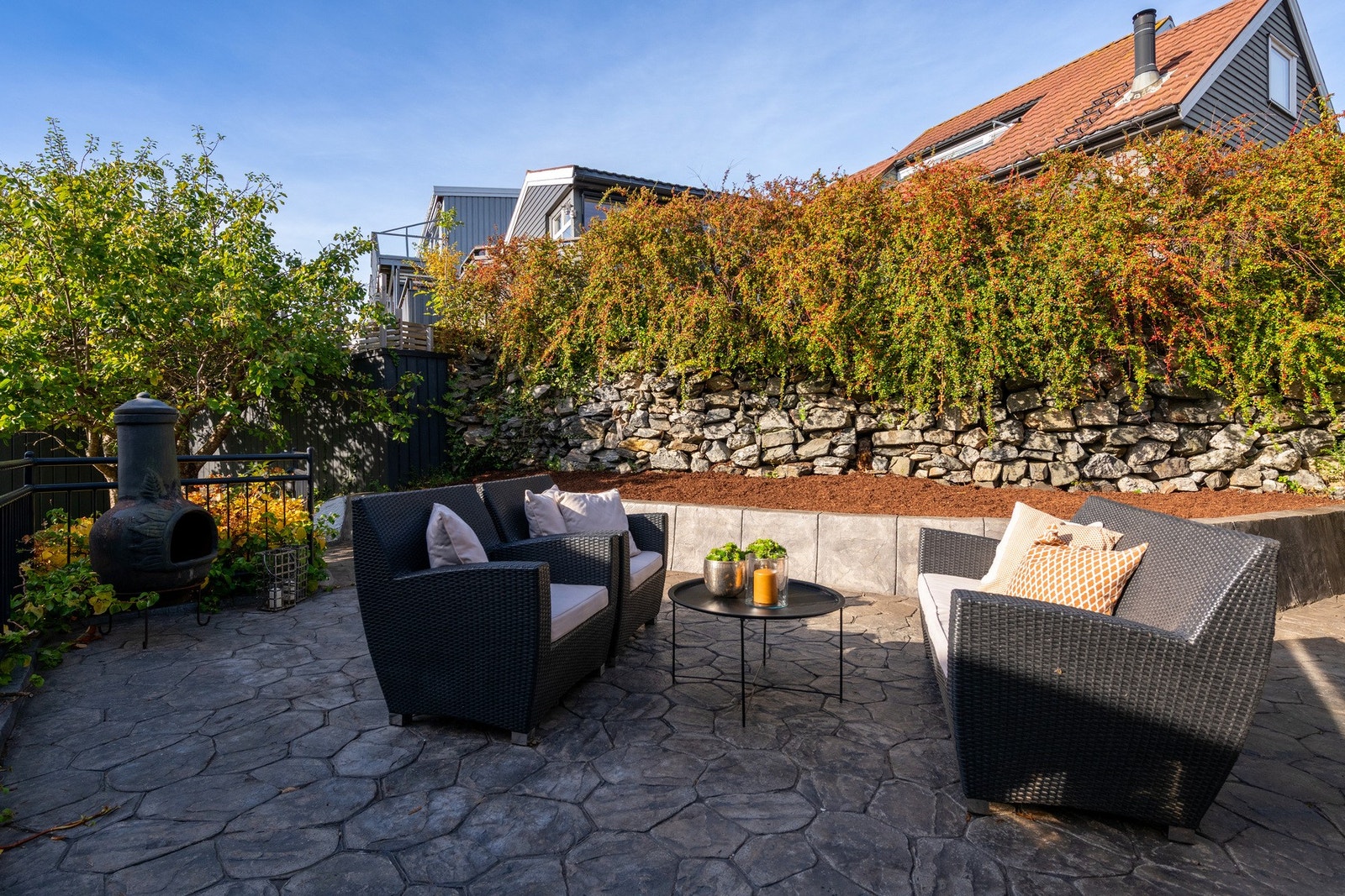 Bakhagen ligger helt usjenert uten innsyn. Her har man kveldssol og dette er en deilig lun sone på vindfulle dager. Galleribilde