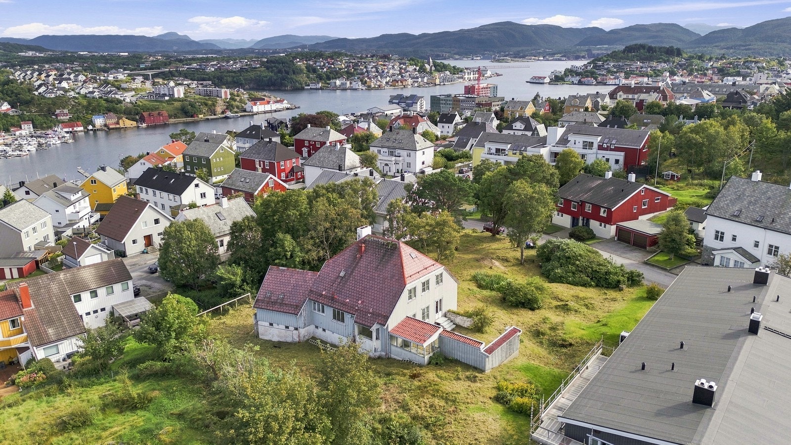 Dronebilde tatt fra nordvest, med godt overblikk over eiendommen Galleribilde