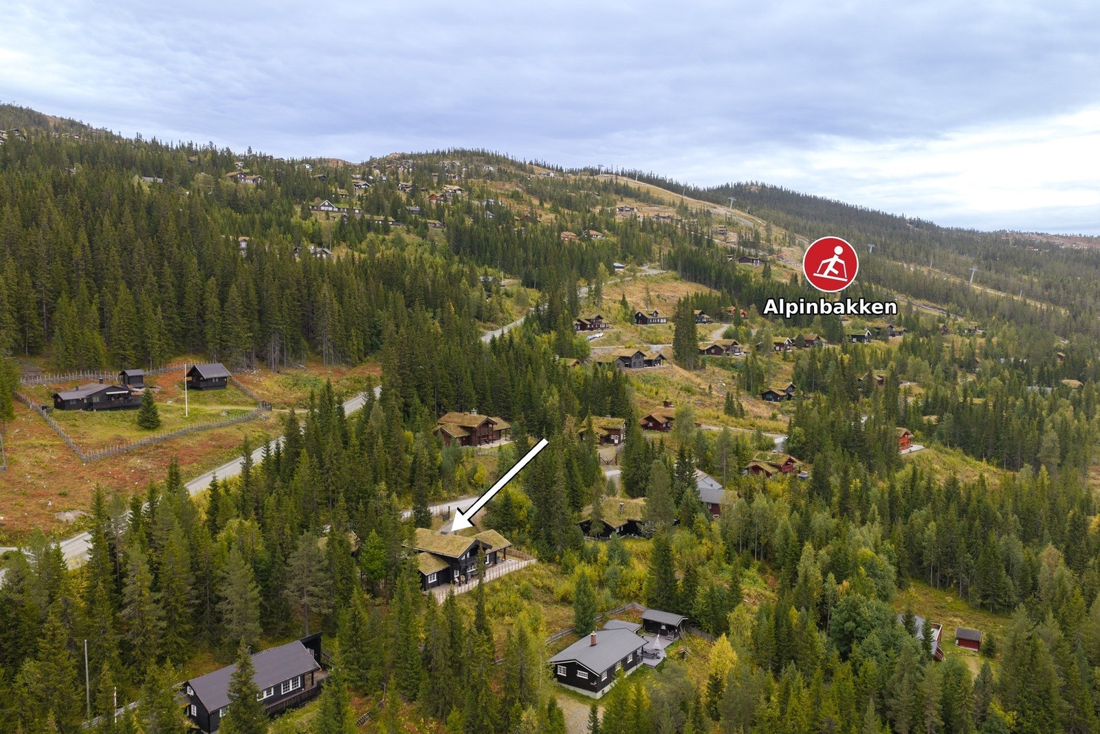 Hytta ligger i et etablert hytteområde, med skitrekket innerst i veien. Galleribilde