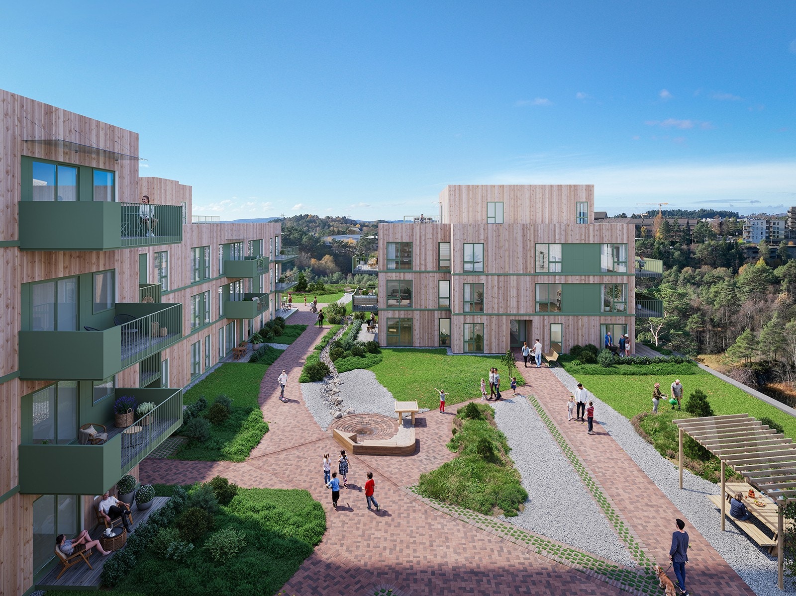 Tomten blir pent opparbeidet med gangvei, beplantning, sosiale soner (Illustrasjon fra prosjektet) Galleribilde