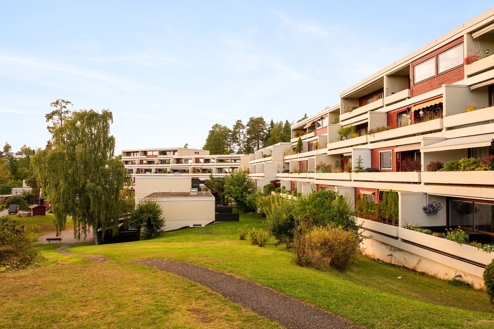 Fellesområdene er pent opparbeidet og byr på flere gangstier, gressplen og ellers koselig beplantning. Galleribilde
