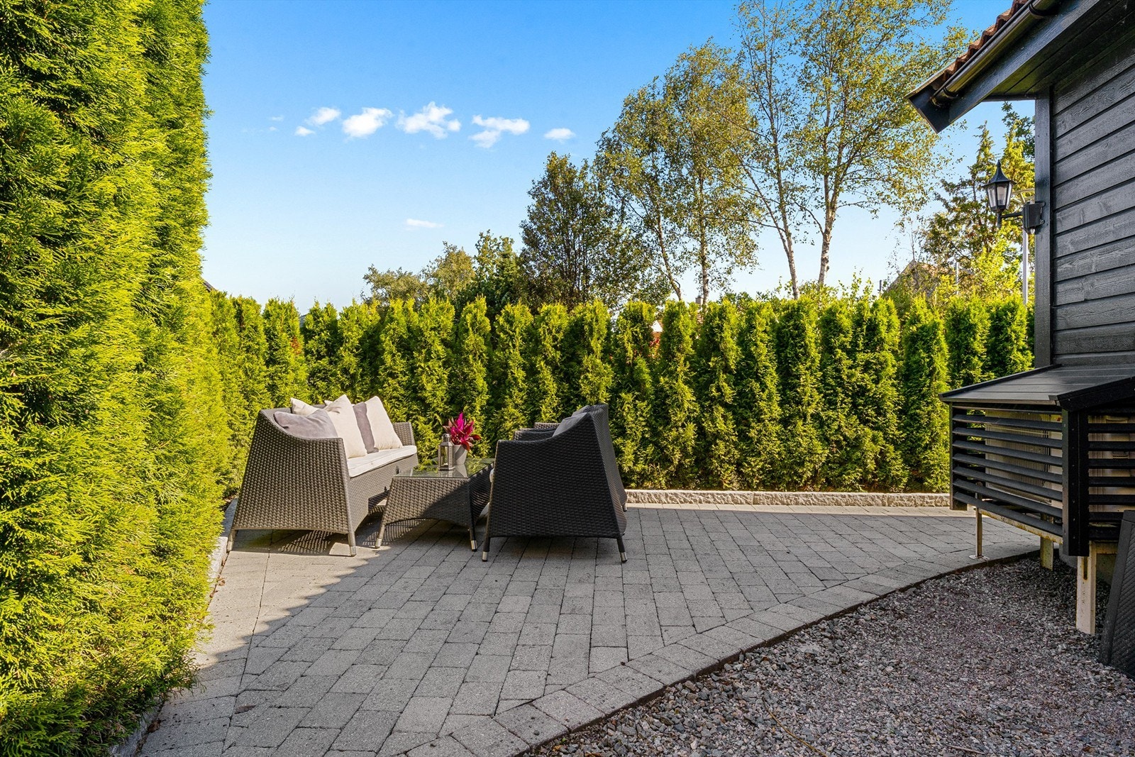 Skjermet uteplass med tidlig morgensol. Galleribilde