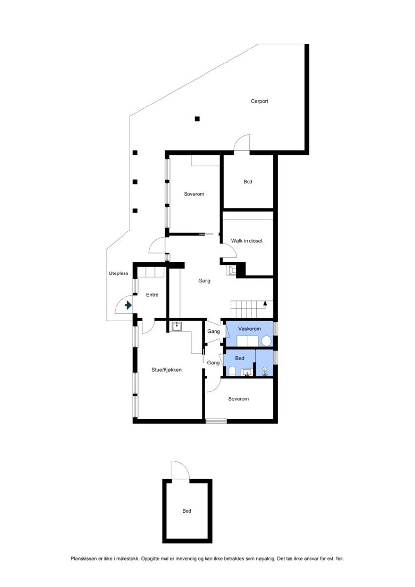 Plategning underetasje: Plantegningen viser dagens bruk. Enkelte rom i underetasjen er ikke godkjent for varig opphold. Galleribilde
