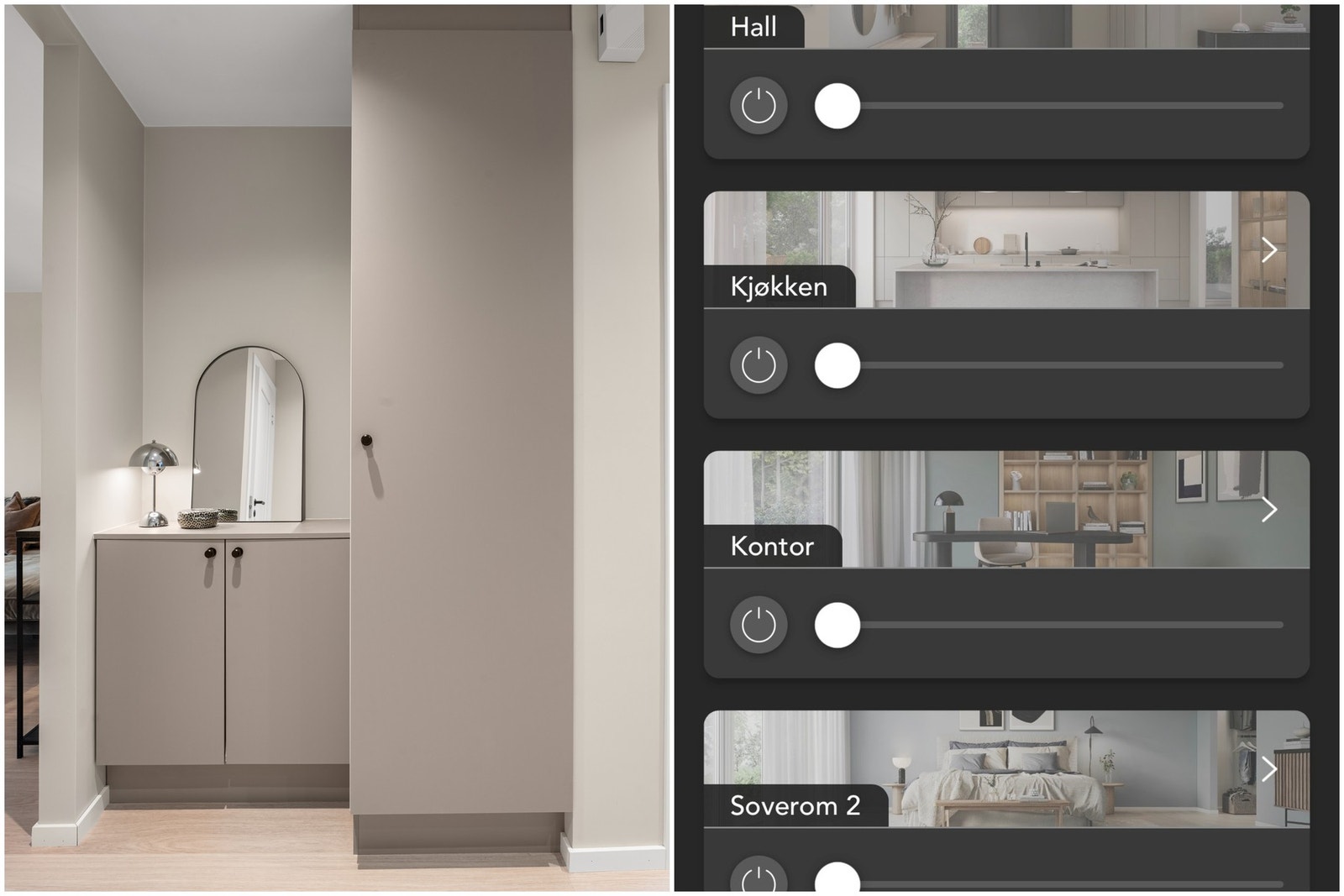 Stilig løsning som gir god lagringsplass uten å ta mye areal. Boligen har Plejd-smarthjemsbelysning som enkelt betjenes med app. Galleribilde