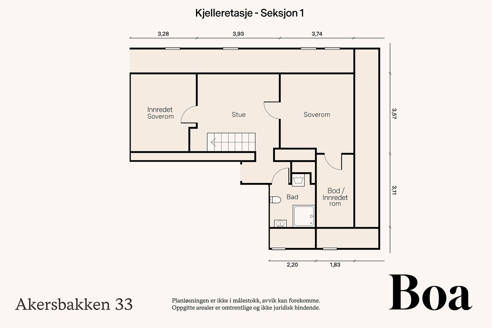 Kjeller: Stue, soverom, innredet rom, bod og bad. Galleribilde