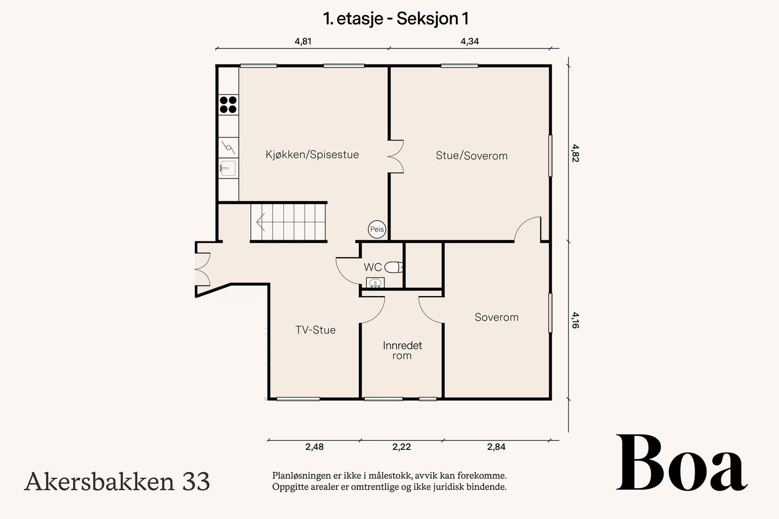 1. etasje: Entré, tv-stue, kjøkken med spisestue, soverom, innredet rom/bod og toalettrom Galleribilde