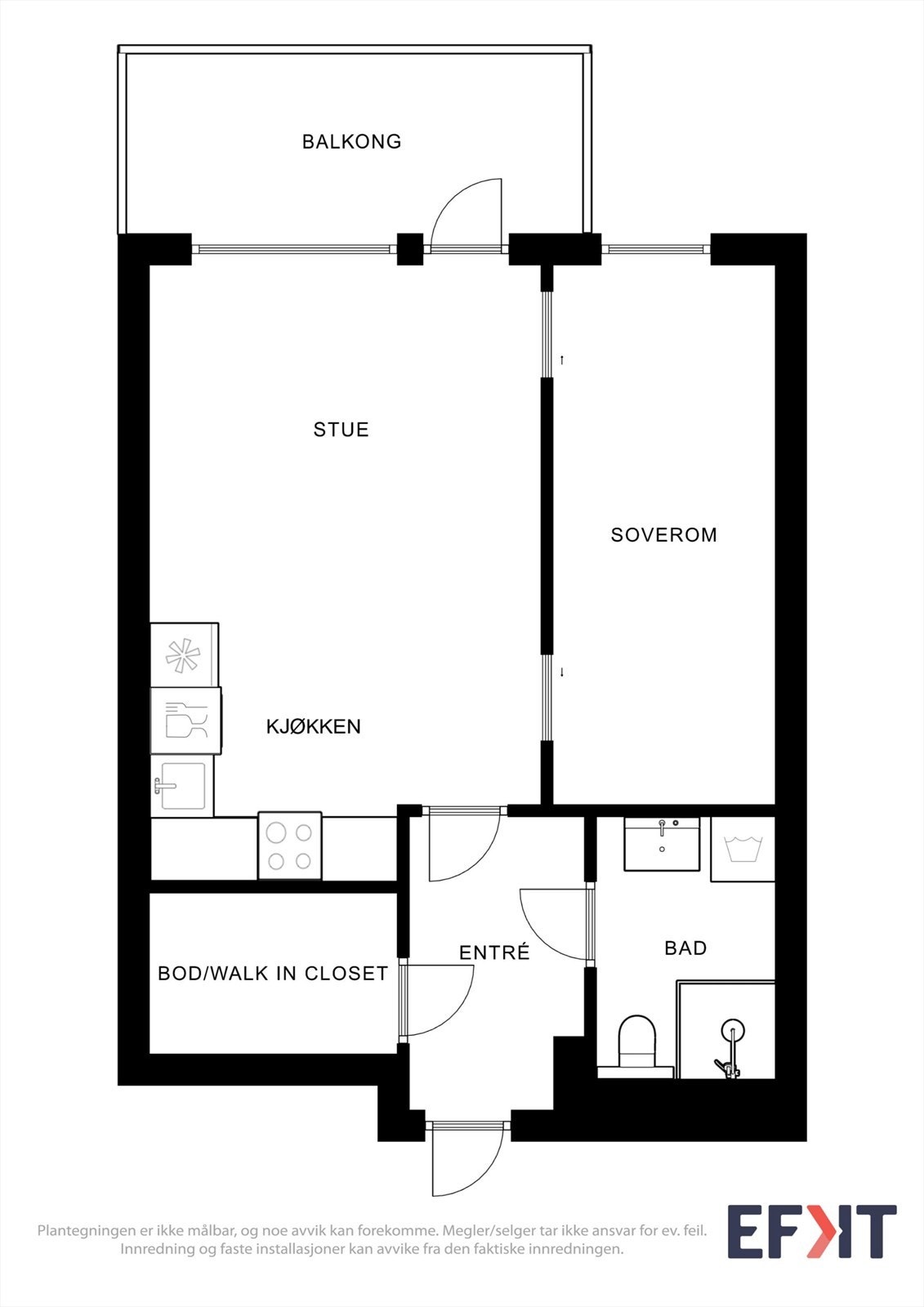 Leiligheten har en arealeffektiv planløsning på 45 m² med adskilt soverom og intern bod/Walk in closet. Galleribilde