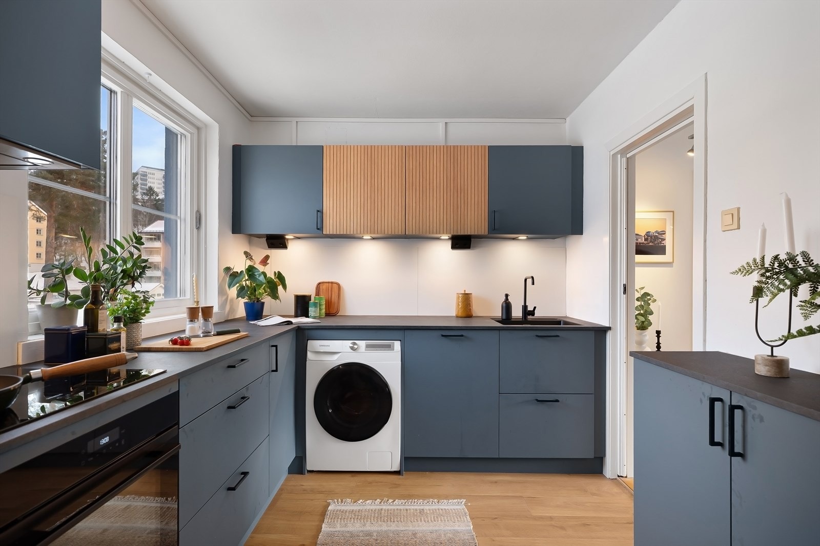 Kjøkkenet har kjøl/fryseskap, oppvaskmaskin, platetopp, stekeovn og ventilator. Det er også opplegg for vaskemaskin. Galleribilde