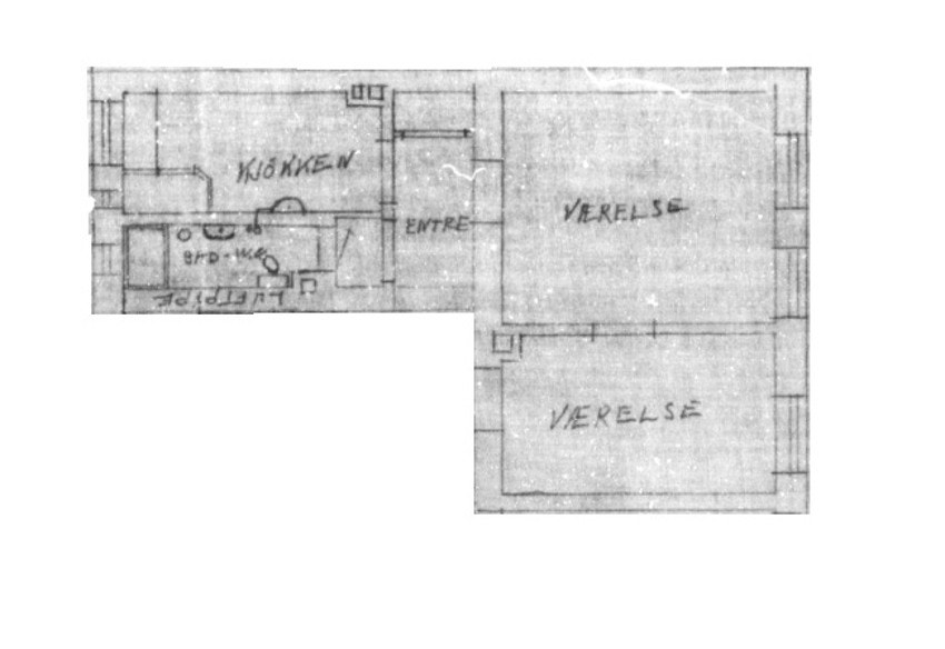 Originale byggetegninger indikerer ikke-bærende vegger mellom oppholdsrommene, som trolig kan åpnes. Galleribilde