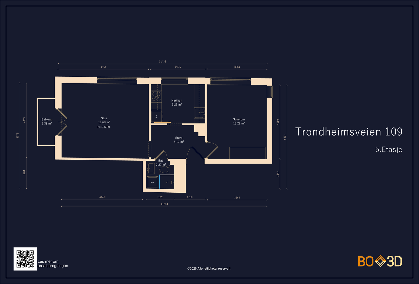 Plantegning som viser 49 kvm fordelt på entré, stue, kjøkken, bad og soverom. Boligen disponerer i tillegg to boder, én i kjeller og én på loft, med samlet gulvareal på ca. 6 kvm. Galleribilde